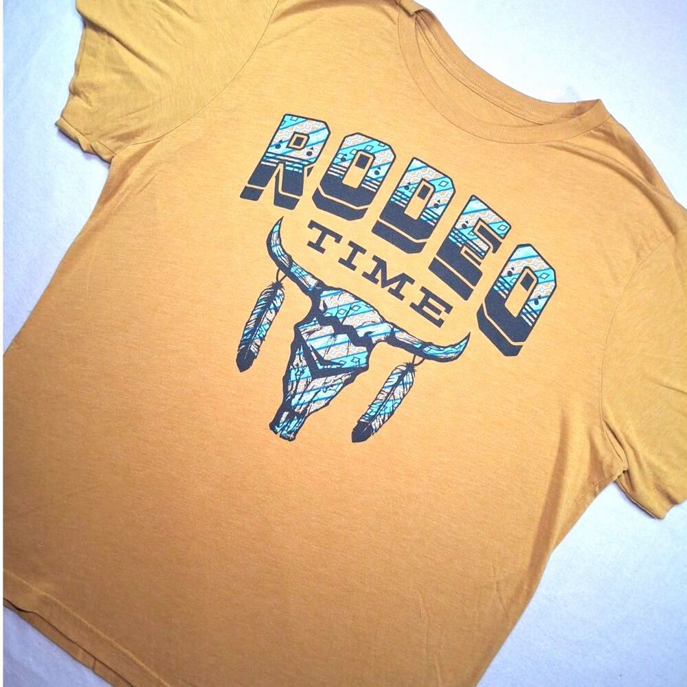 Dale Brisby Rodeo Time Mustard Tribal Graphic Tee L Western Cowboy Desert Boho